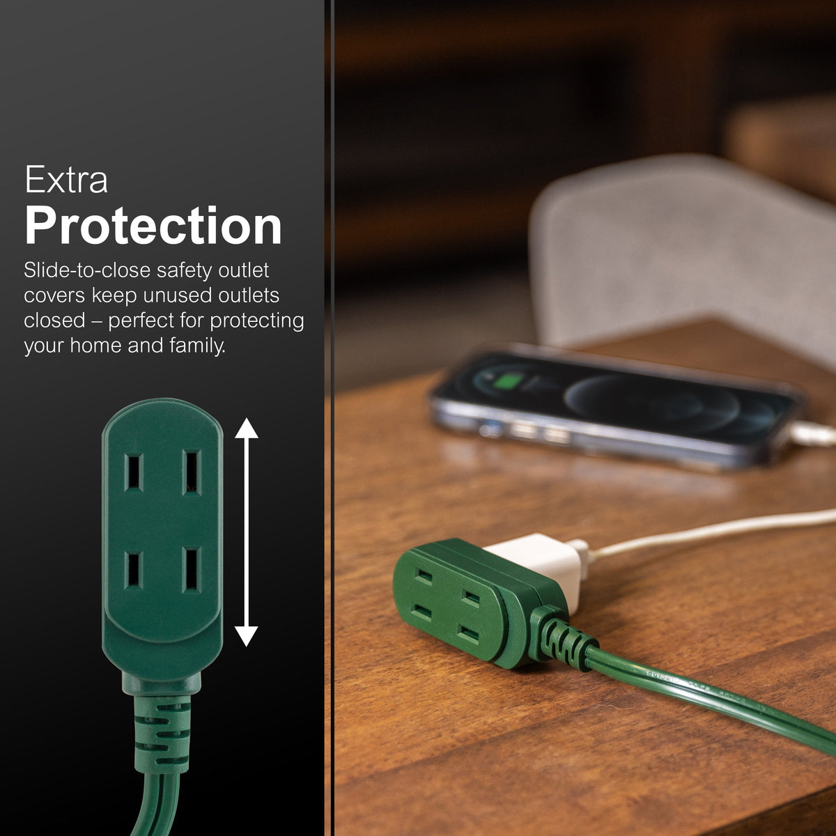 GE-branded UltraPro 3-Outlet Polarized Extension Cord, 15ft., Indoor, Green