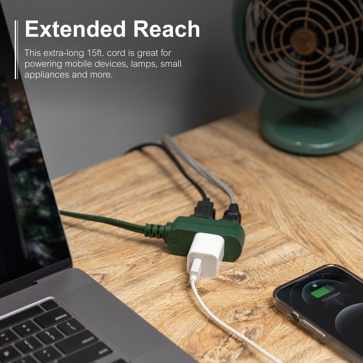 GE-branded UltraPro 3-Outlet Polarized Extension Cord, 15ft., Indoor, Green
