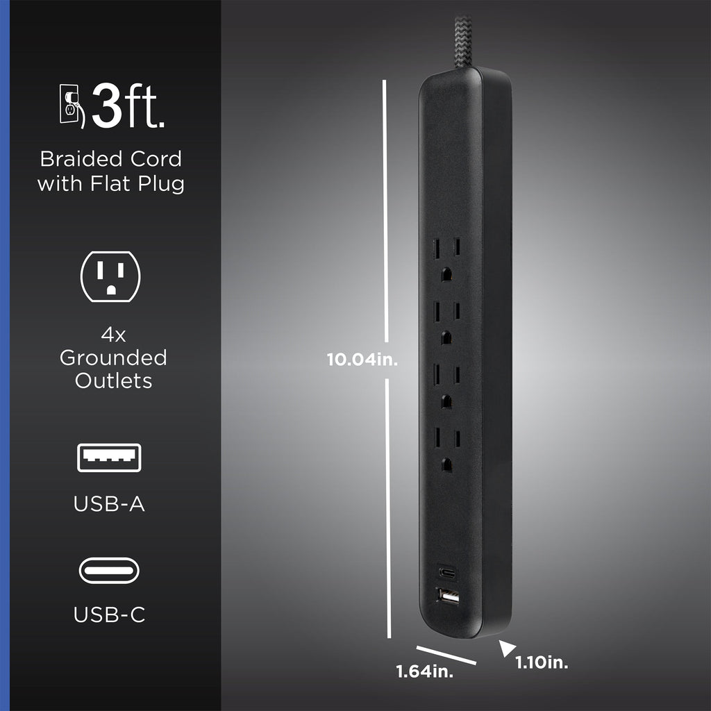 GE Surge Protector Power Strip, 4 Outlets, 1 USB-C & 1 USB-A Port (12W), 490J Protection, 3FT Braided Extension Cord, Flat Plug, Black