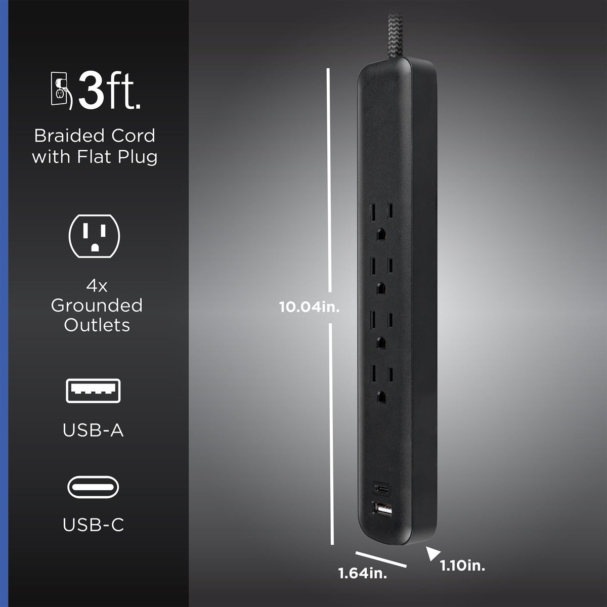 GE Surge Protector Power Strip, 4 Outlets, 1 USB-C & 1 USB-A Port (12W), 490J Protection, 3FT Braided Extension Cord, Flat Plug, Black