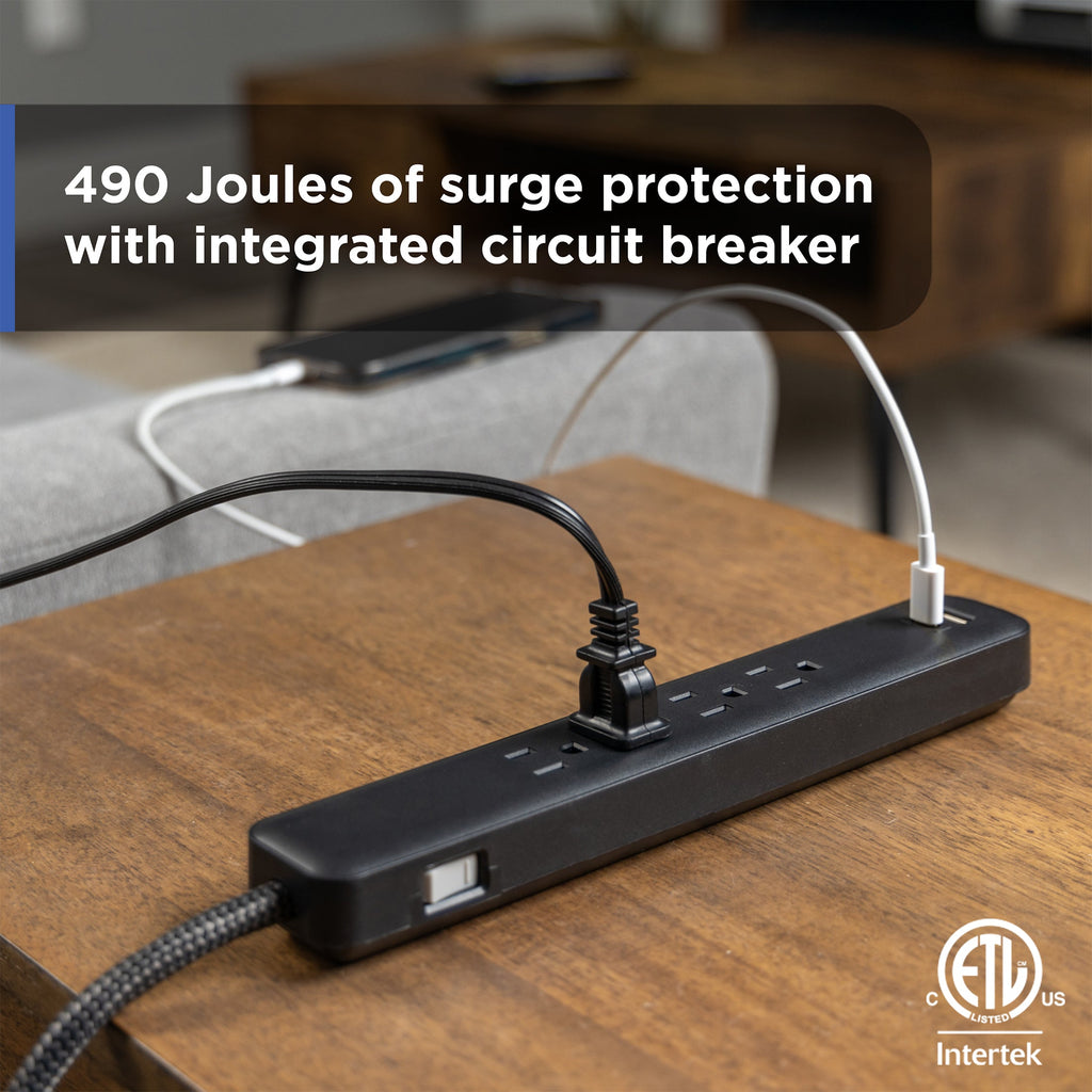 GE Surge Protector Power Strip, 4 Outlets, 1 USB-C & 1 USB-A Port (12W), 490J Protection, 3FT Braided Extension Cord, Flat Plug, Black