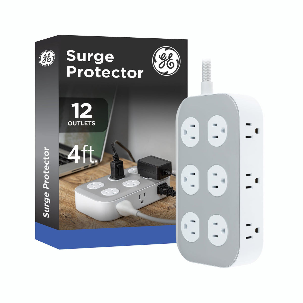 GE UltraPro 12-Outlet Surge Protector, 2100 Joules, 4ft Braided Extension Cord, Flat Plug, Gray/White