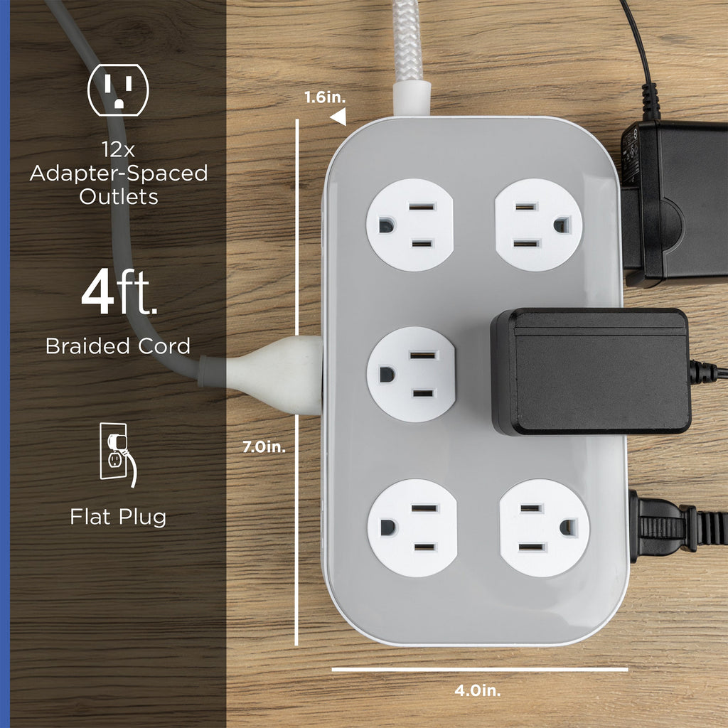GE UltraPro 12-Outlet Surge Protector, 2100 Joules, 4ft Braided Extension Cord, Flat Plug, Gray/White