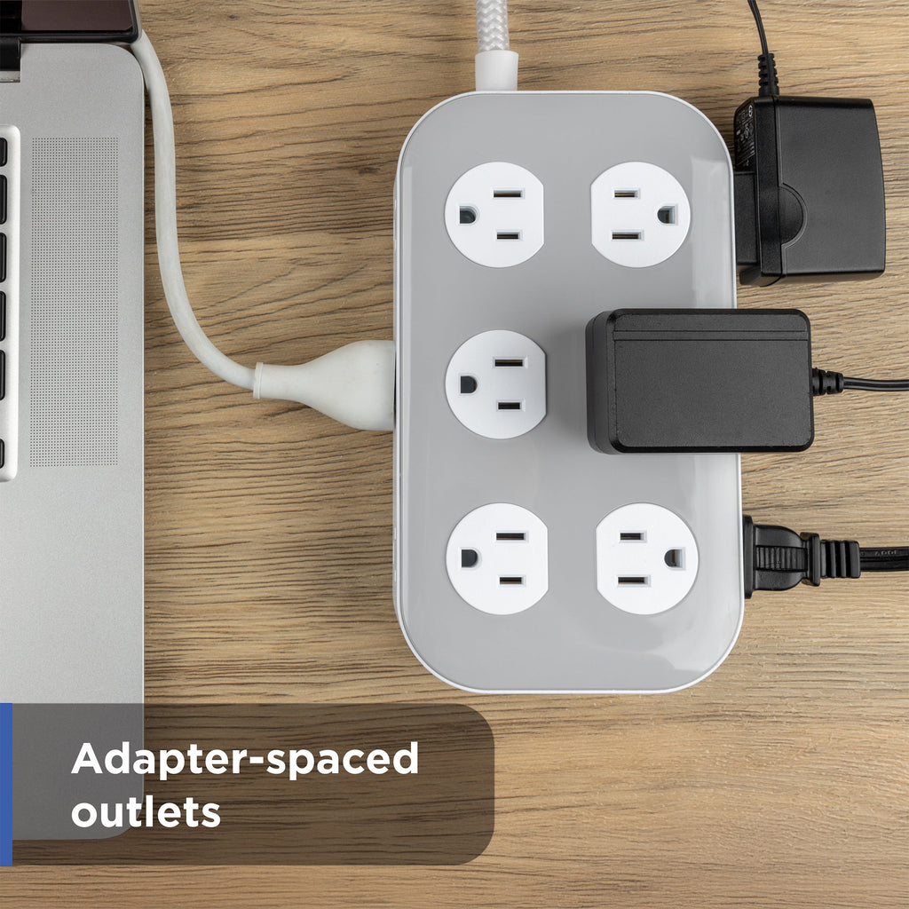 GE UltraPro 12-Outlet Surge Protector, 2100 Joules, 4ft Braided Extension Cord, Flat Plug, Gray/White