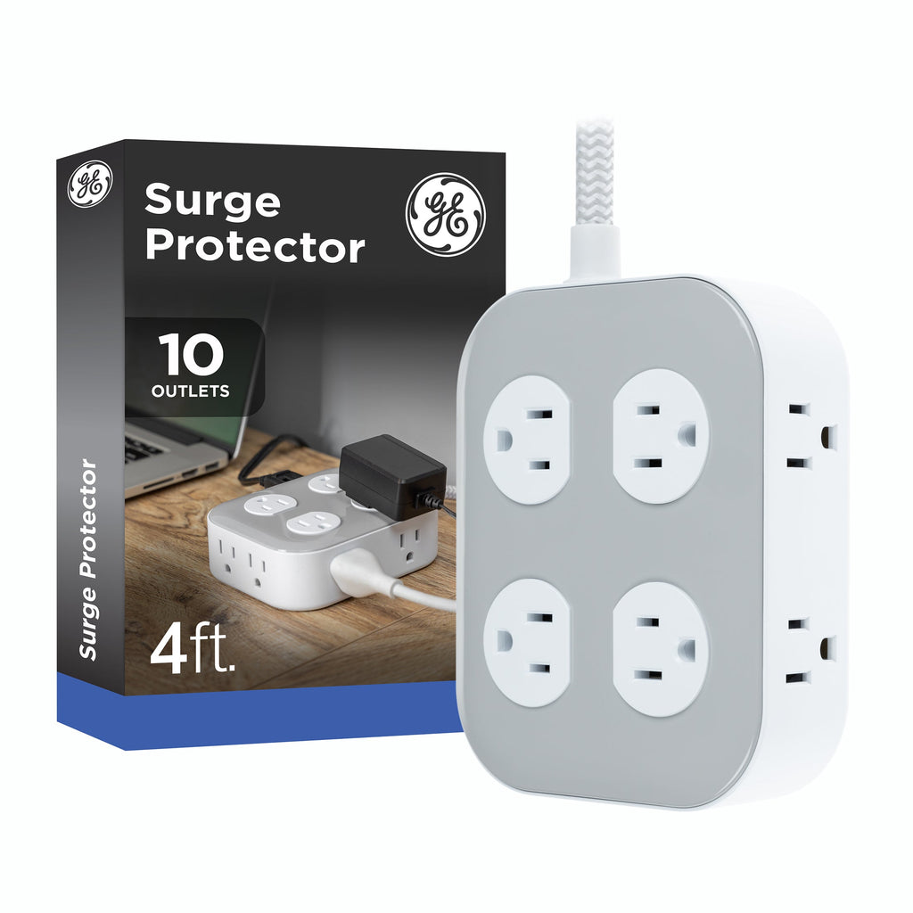 GE UltraPro 10-Outlet Surge Protector, 2100 Joules, 4ft Braided Extension Cord, Flat Plug, Gray/White