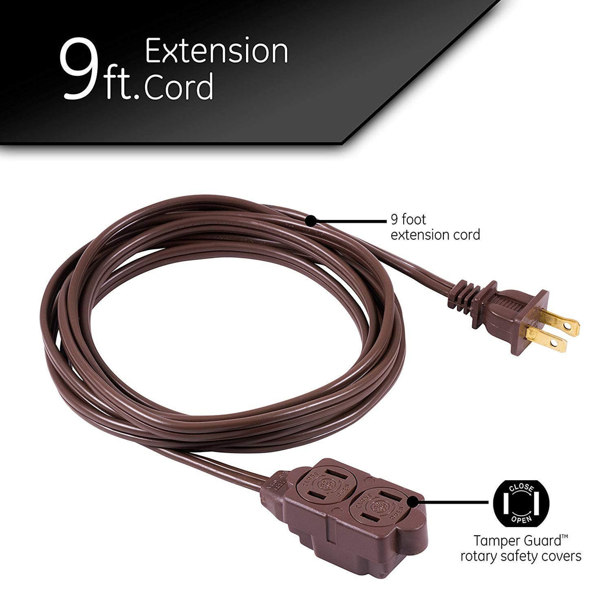 GE 3-Outlet 9ft. Extension Cord with Twist-to-Close Outlets, Brown