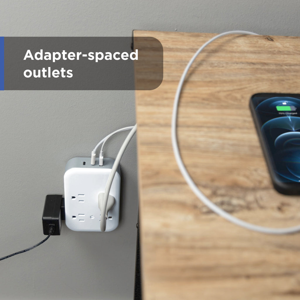 GE All-in-One Surge Protector Wall Tap, 8 Outlets (4 Grounded + 4 Polarized), 2 USB-C & 1 USB-A, 15W Shared, White/Gray