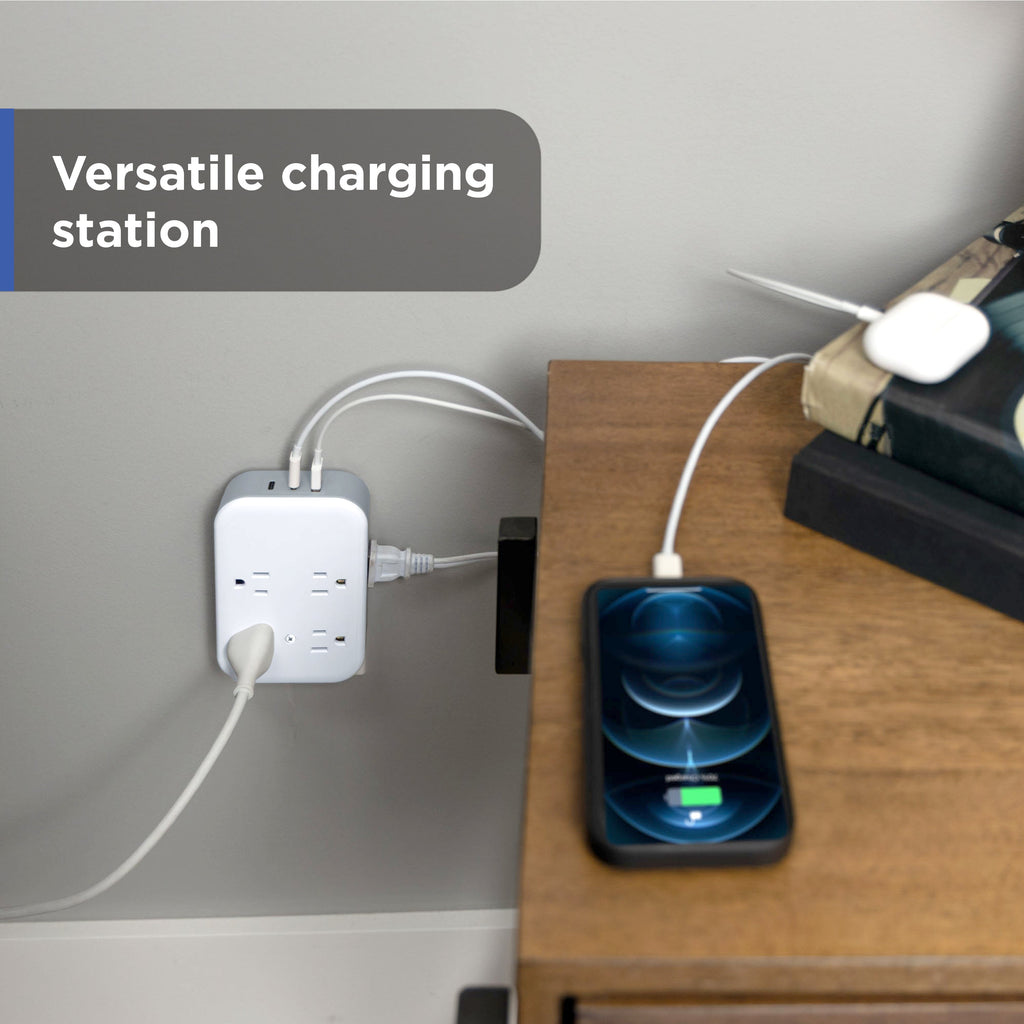 GE All-in-One Surge Protector Wall Tap, 8 Outlets (4 Grounded + 4 Polarized), 2 USB-C & 1 USB-A, 15W Shared, White/Gray
