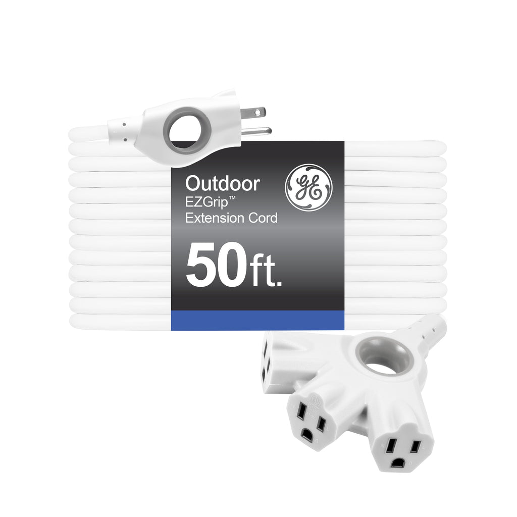 GE 3-Outlet EZGrip Grounded Extension Cord, 50ft., Indoor/Outdoor, White
