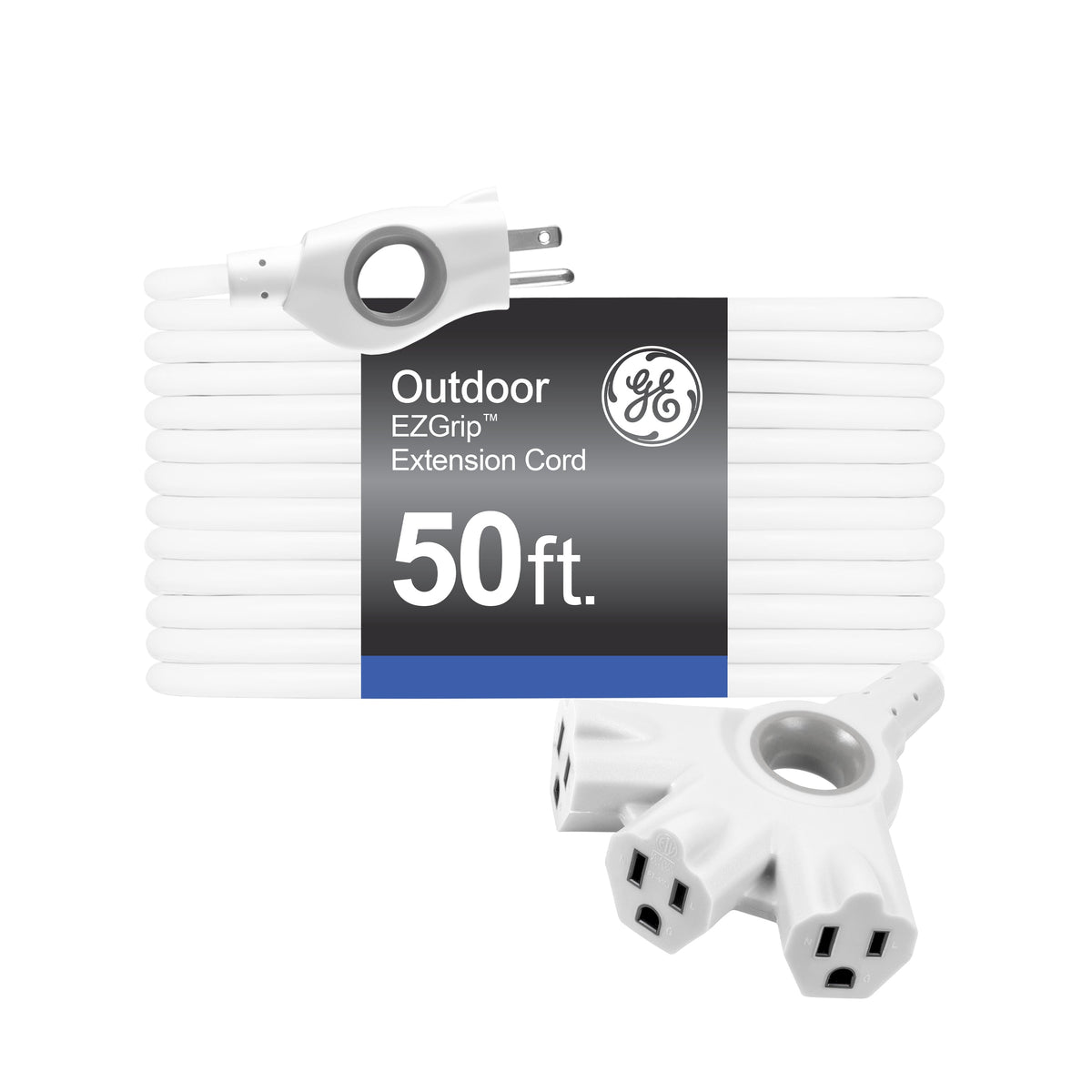 GE 3-Outlet EZGrip Grounded Extension Cord, 50ft., Indoor/Outdoor, White