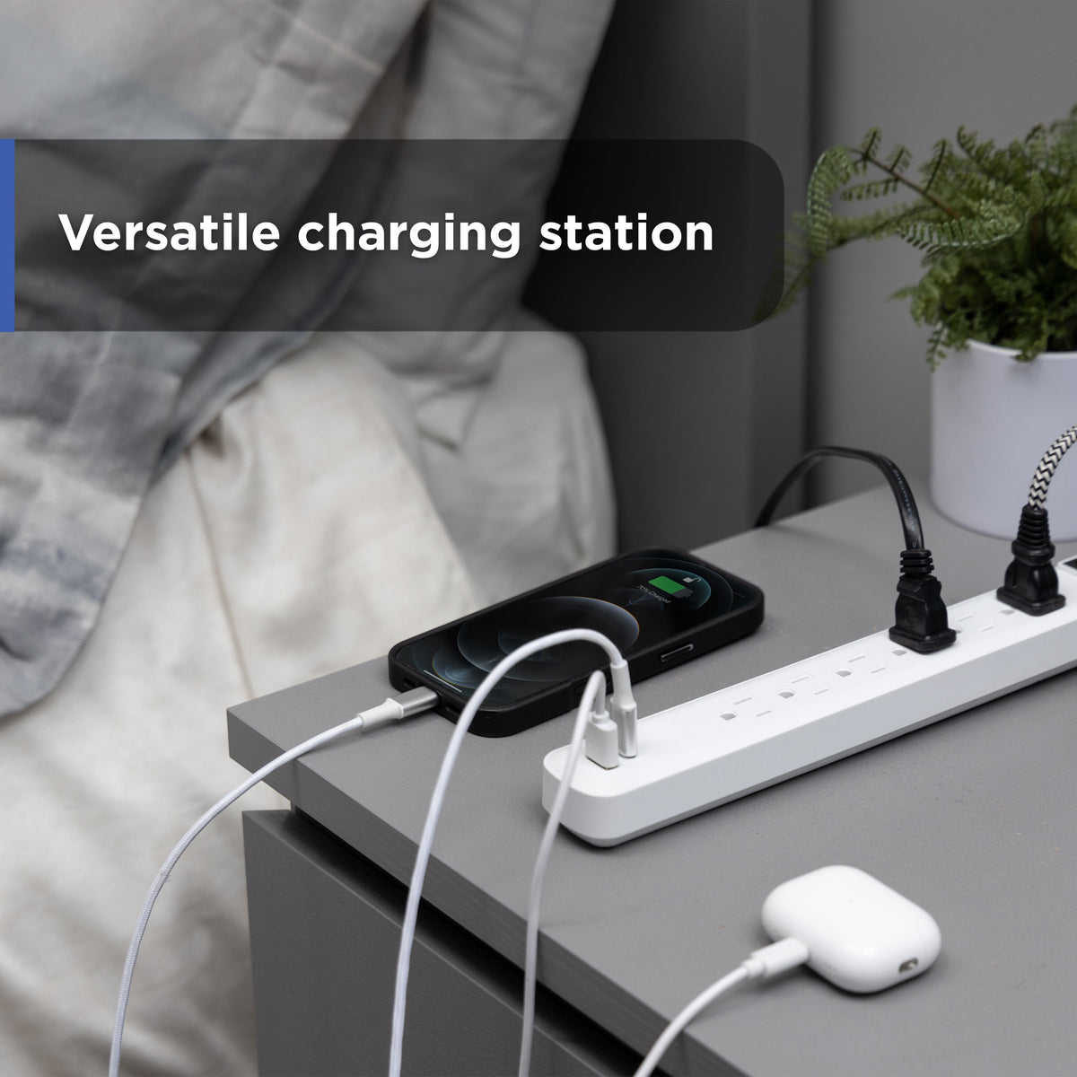 GE 6-Outlet Power Strip with USB, 1 USB-A & 1 USB-C Port, 4ft Braided Extension Cord, White