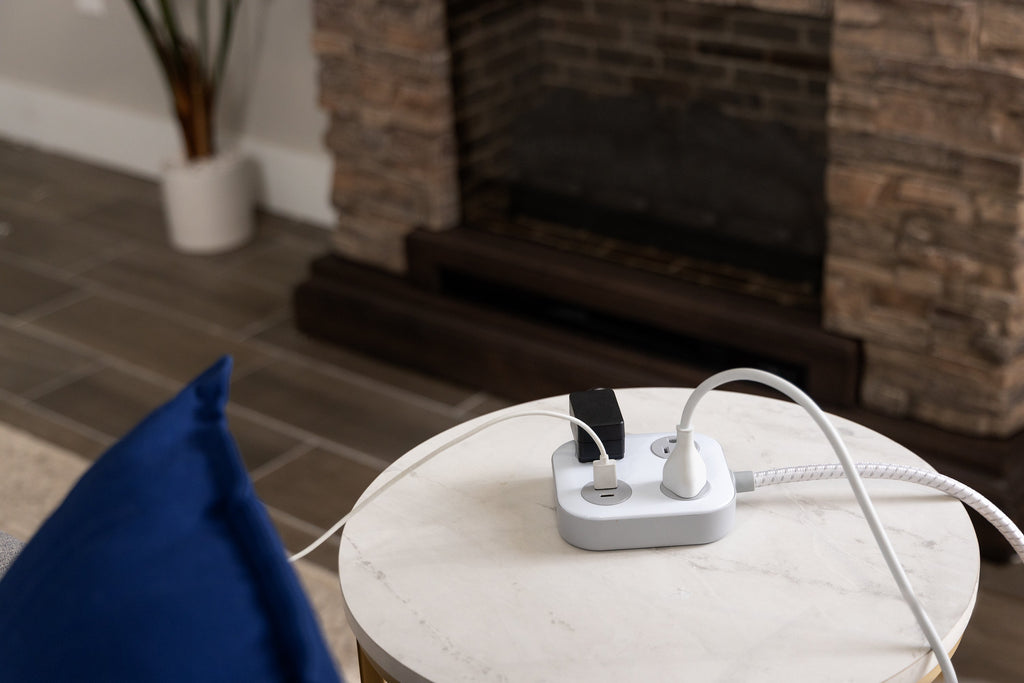 GE 3-Outlet Surge Protector with USB, 245 Joules, 1 USB-A & 1 USB-C Port, 4ft Braided Extension Cord, Flat Plug, White/Gray