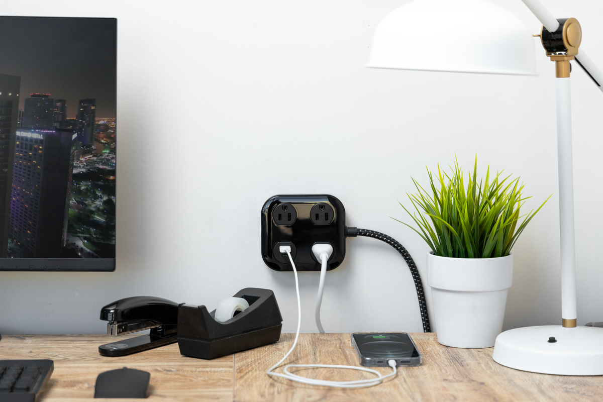GE UltraPro 3-Outlet Surge Protector with USB, 245 Joules, 1 USB-A & 1 USB-C Port, 4ft Braided Extension Cord, Flat Plug, Black