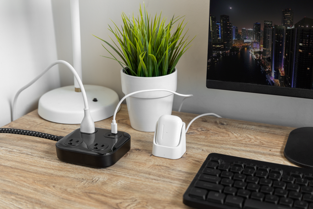 GE UltraPro 3-Outlet Surge Protector with USB, 245 Joules, 1 USB-A & 1 USB-C Port, 4ft Braided Extension Cord, Flat Plug, Black