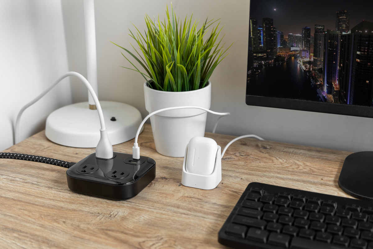 GE UltraPro 3-Outlet Surge Protector with USB, 245 Joules, 1 USB-A & 1 USB-C Port, 4ft Braided Extension Cord, Flat Plug, Black