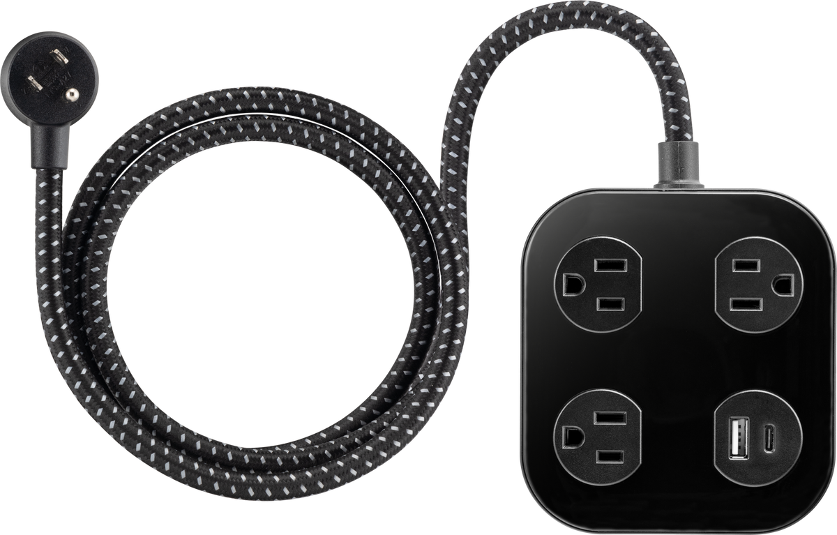 GE UltraPro 3-Outlet Surge Protector with USB, 245 Joules, 1 USB-A & 1 USB-C Port, 4ft Braided Extension Cord, Flat Plug, Black