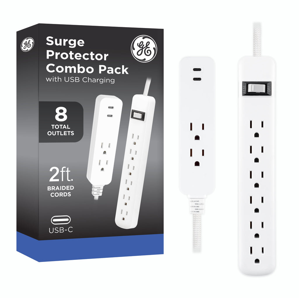 GE 6-Outlet Surge Protector and 2-Outlet Surge Protector with 2 USB-C, 2ft and 245J, White, Combo Pack