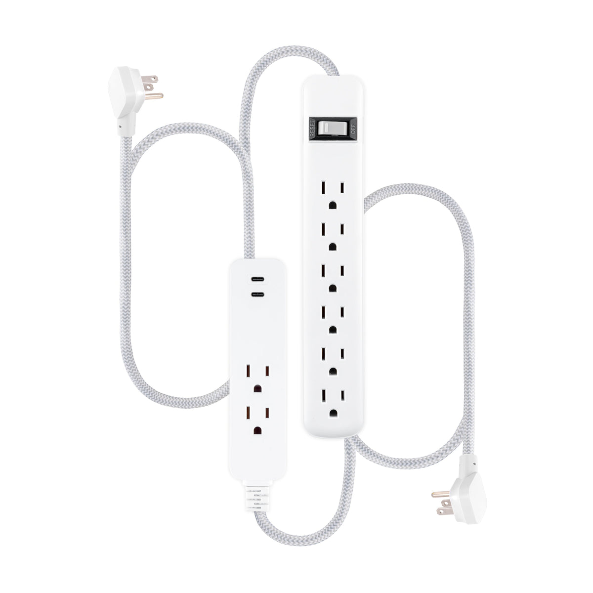 GE 6-Outlet Surge Protector and 2-Outlet Surge Protector with 2 USB-C, 2ft and 245J, White, Combo Pack