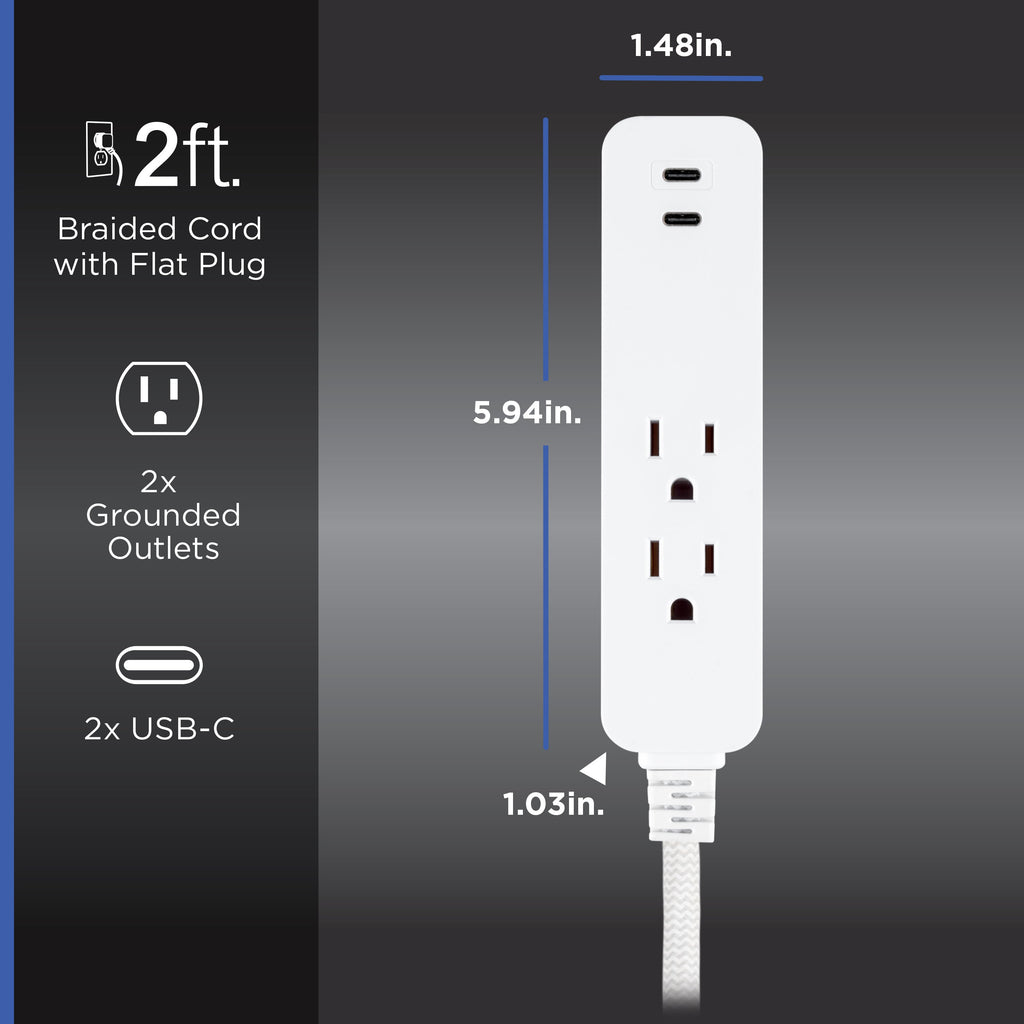 GE 6-Outlet Surge Protector and 2-Outlet Surge Protector with 2 USB-C, 2ft and 245J, White, Combo Pack