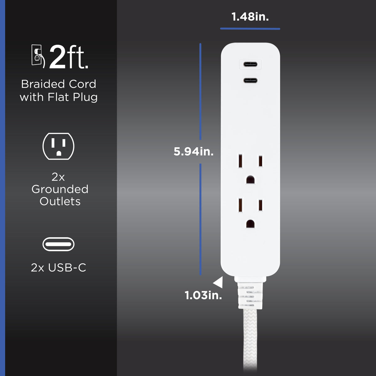 GE 6-Outlet Surge Protector and 2-Outlet Surge Protector with 2 USB-C, 2ft and 245J, White, Combo Pack