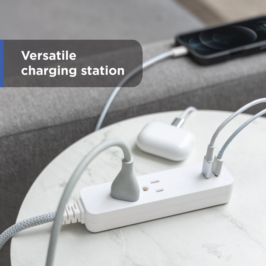 GE 6-Outlet Surge Protector and 2-Outlet Surge Protector with 2 USB-C, 2ft and 245J, White, Combo Pack