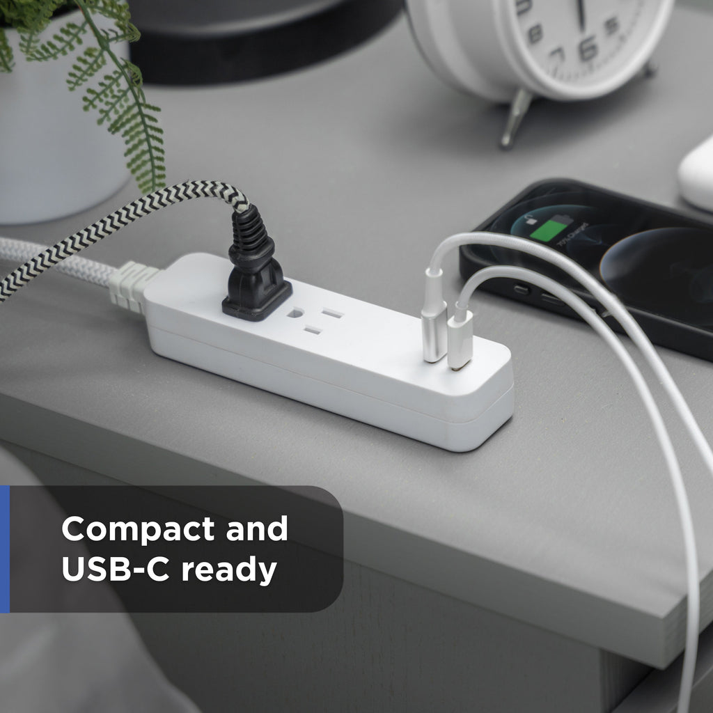 GE 6-Outlet Surge Protector and 2-Outlet Surge Protector with 2 USB-C, 2ft and 245J, White, Combo Pack