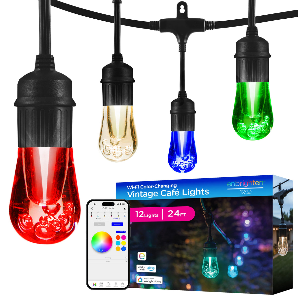Enbrighten VIBE WiFi Vintage Color-Changing LED Cafe Lights Gen 2, 12 Bulbs, 24ft. Black Cord