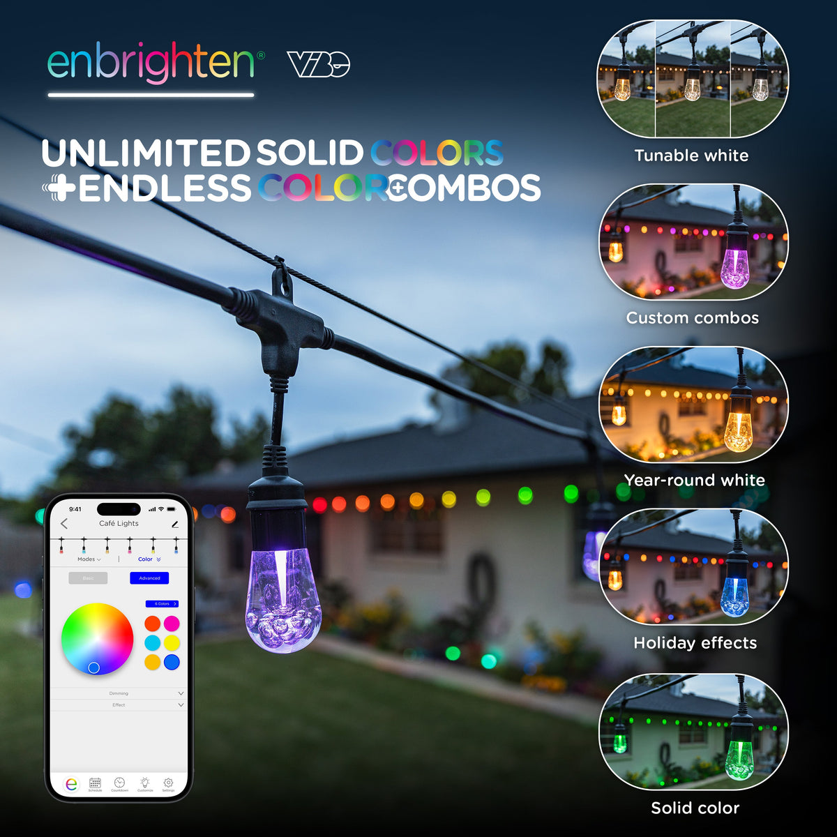 Enbrighten VIBE WiFi Vintage Color-Changing LED Cafe Lights Gen 2, 24 Bulbs, 48ft. Black Cord