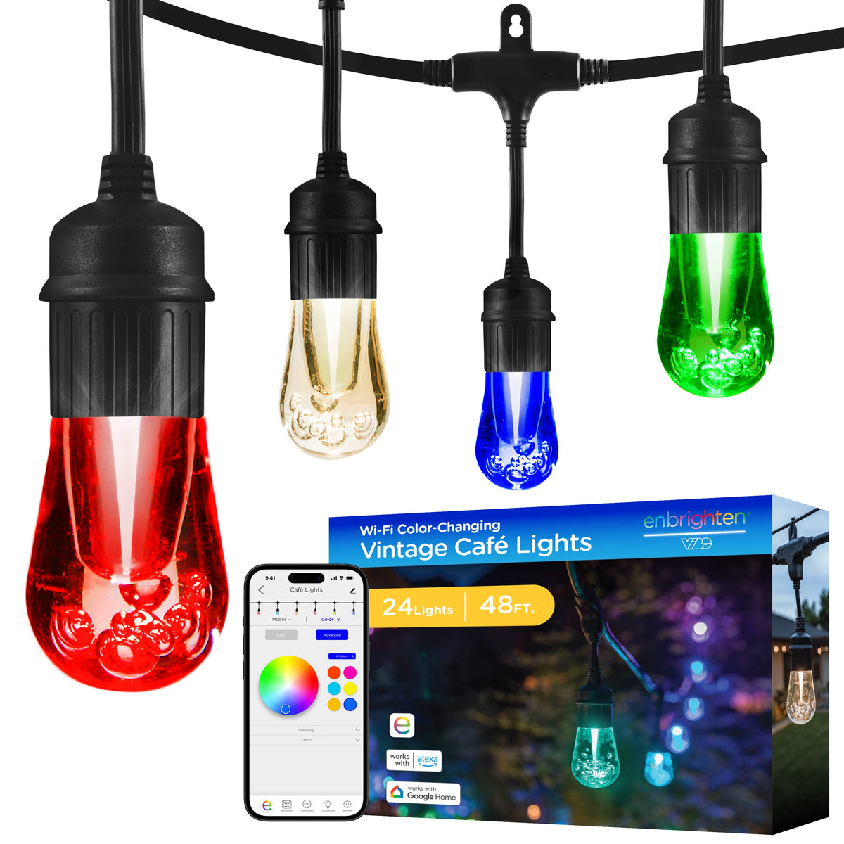 Enbrighten VIBE WiFi Vintage Color-Changing LED Cafe Lights Gen 2, 24 Bulbs, 48ft. Black Cord