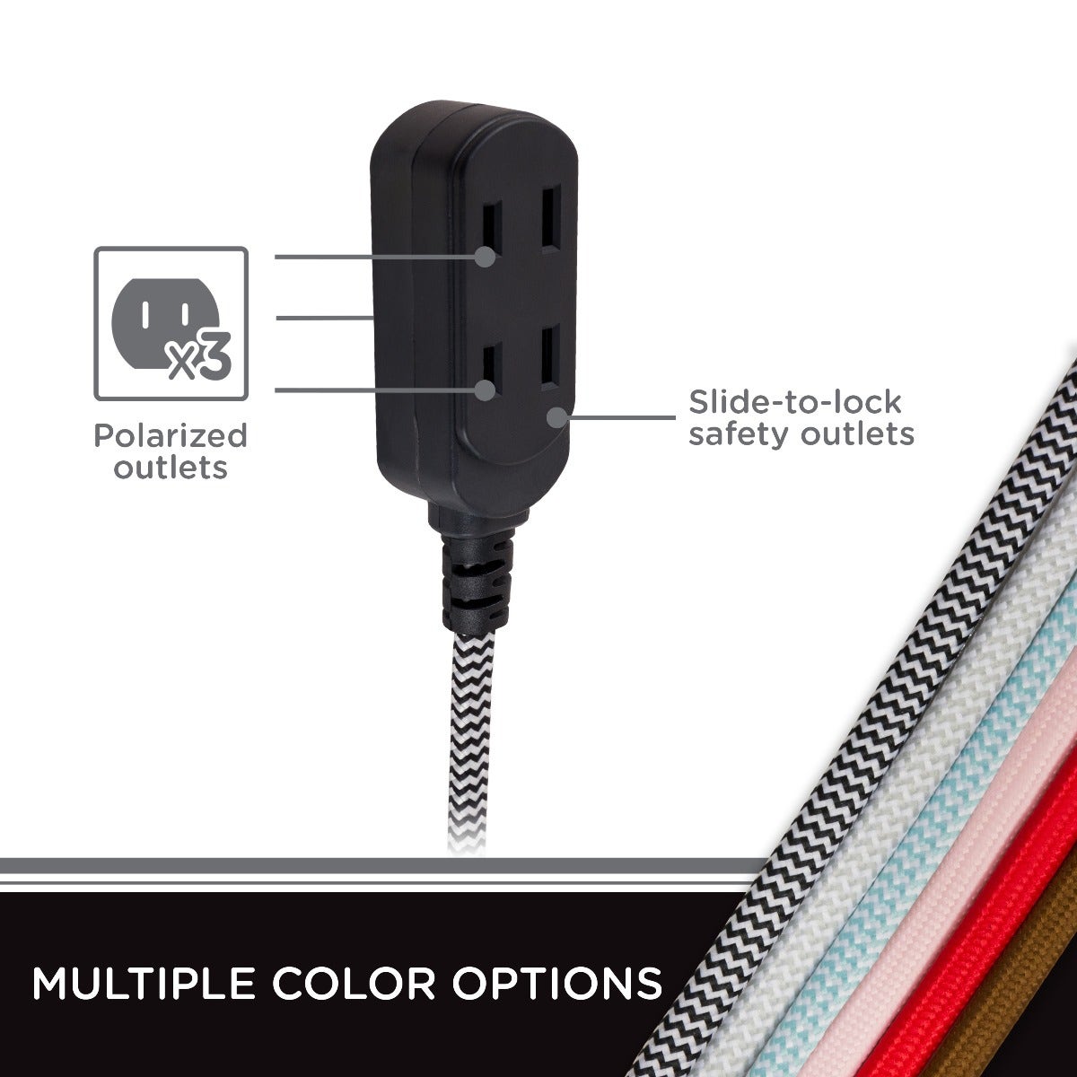 Cordinate 3-Outlet 8ft. Braided Extension Cord with Flat Plug, Black/White