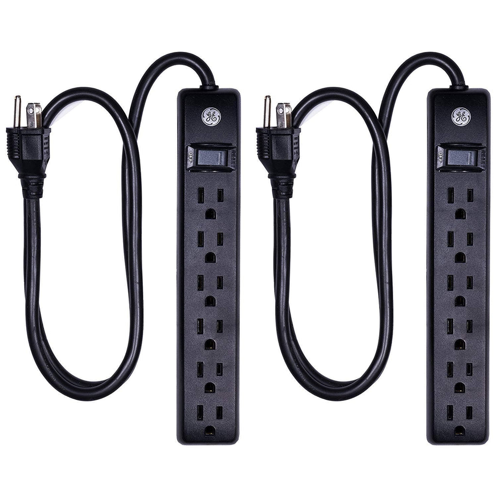 GE 6-Outlet 3ft. Surge Protector, 2 Pack, Black