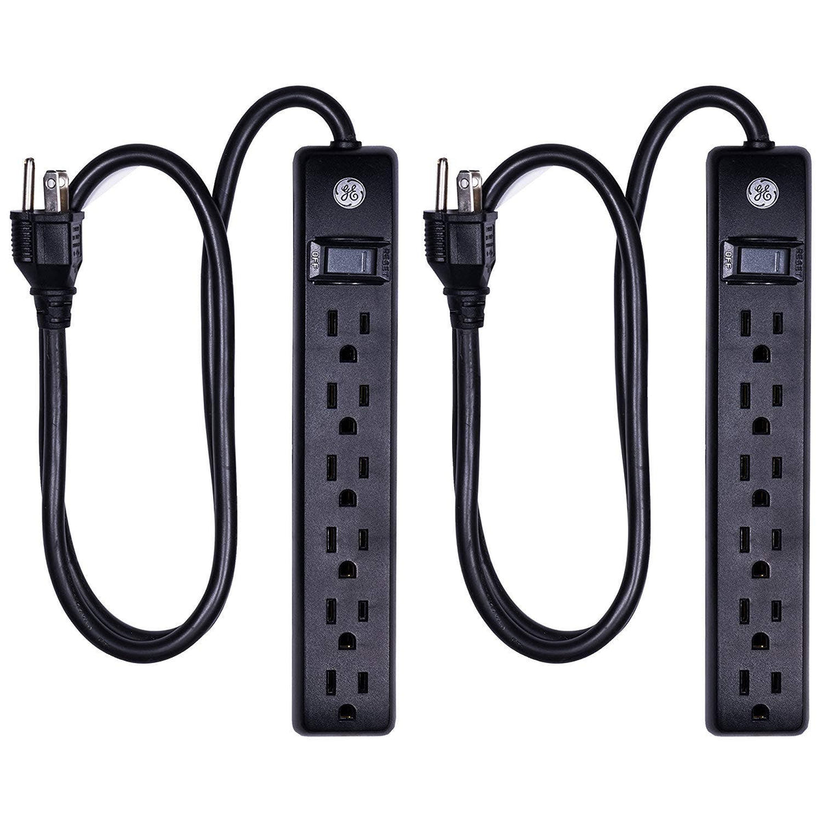 GE 6-Outlet 3ft. Surge Protector, 2 Pack, Black