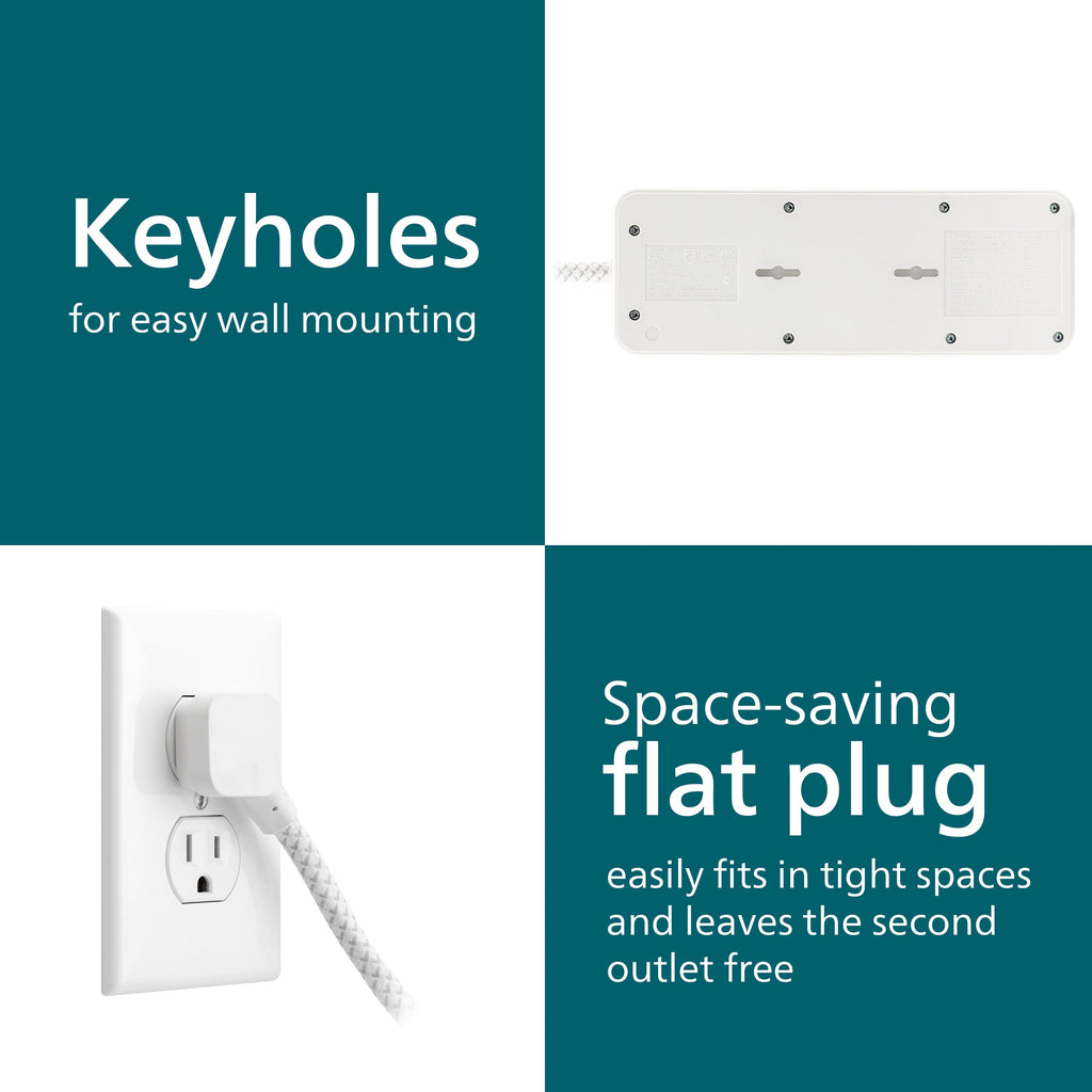 Philips 7-Outlet 6ft. 1 USB-A 1 USB-C Surge Protector With Adapter-Spaced Outlets, White