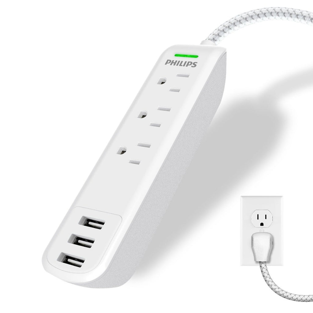 Philips 3-Outlet 3-USB 6ft. Surge Protector with Braided Cord, White