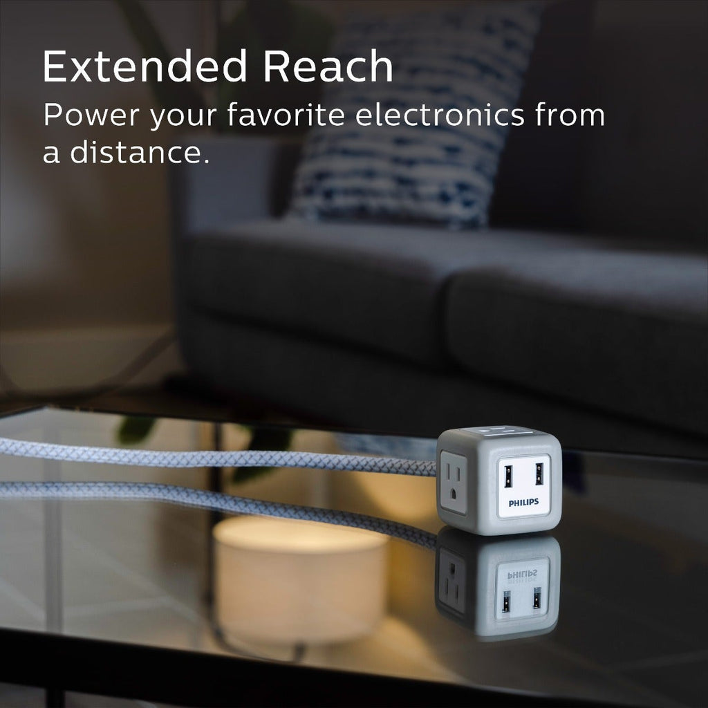 Philips 3-Outlet 2-USB 10ft. Extension Cord with Rubberized Cube, Gray/White