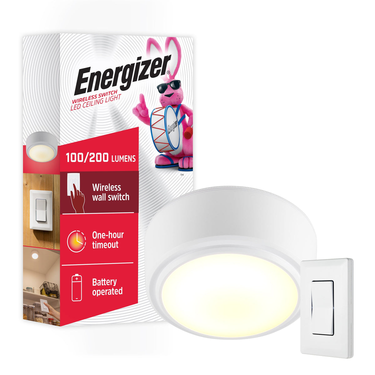 Energizer Battery Operated LED Ceiling Fixture with Wireless Switch, White