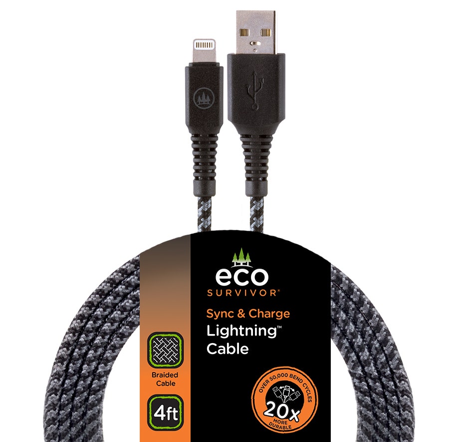 EcoSurvivor 4ft. USB-A to Lightning Charging Cable with Braided Cord, Black/Gray