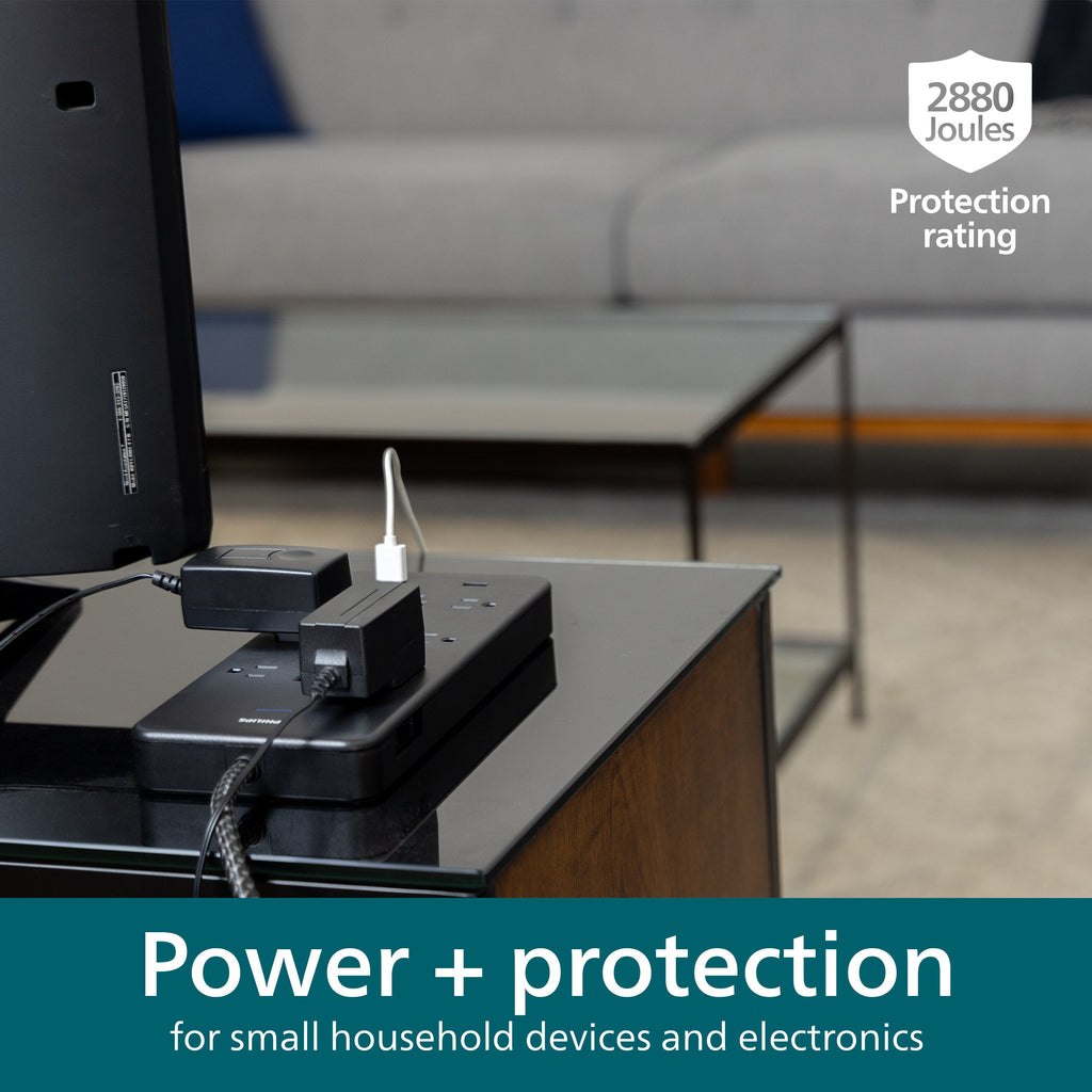 Philips 10-Outlet 6ft. 2 USB-A Surge Protector With Adapter-Spaced Outlets, Black