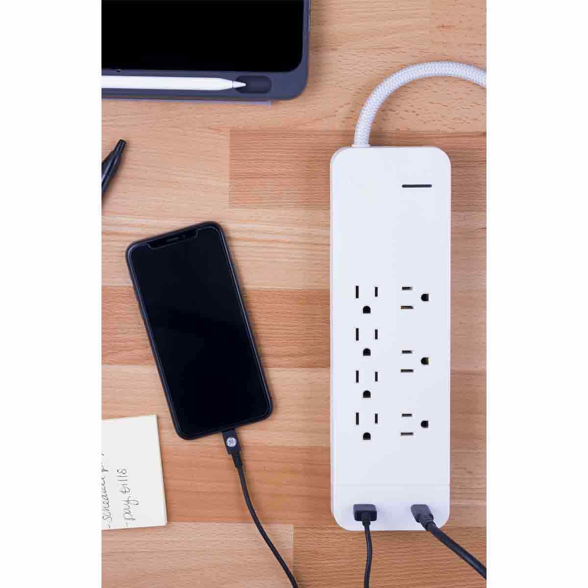 GE 7-Outlet 2-USB 4ft. Surge Protector with USB-C and Braided Cord, White