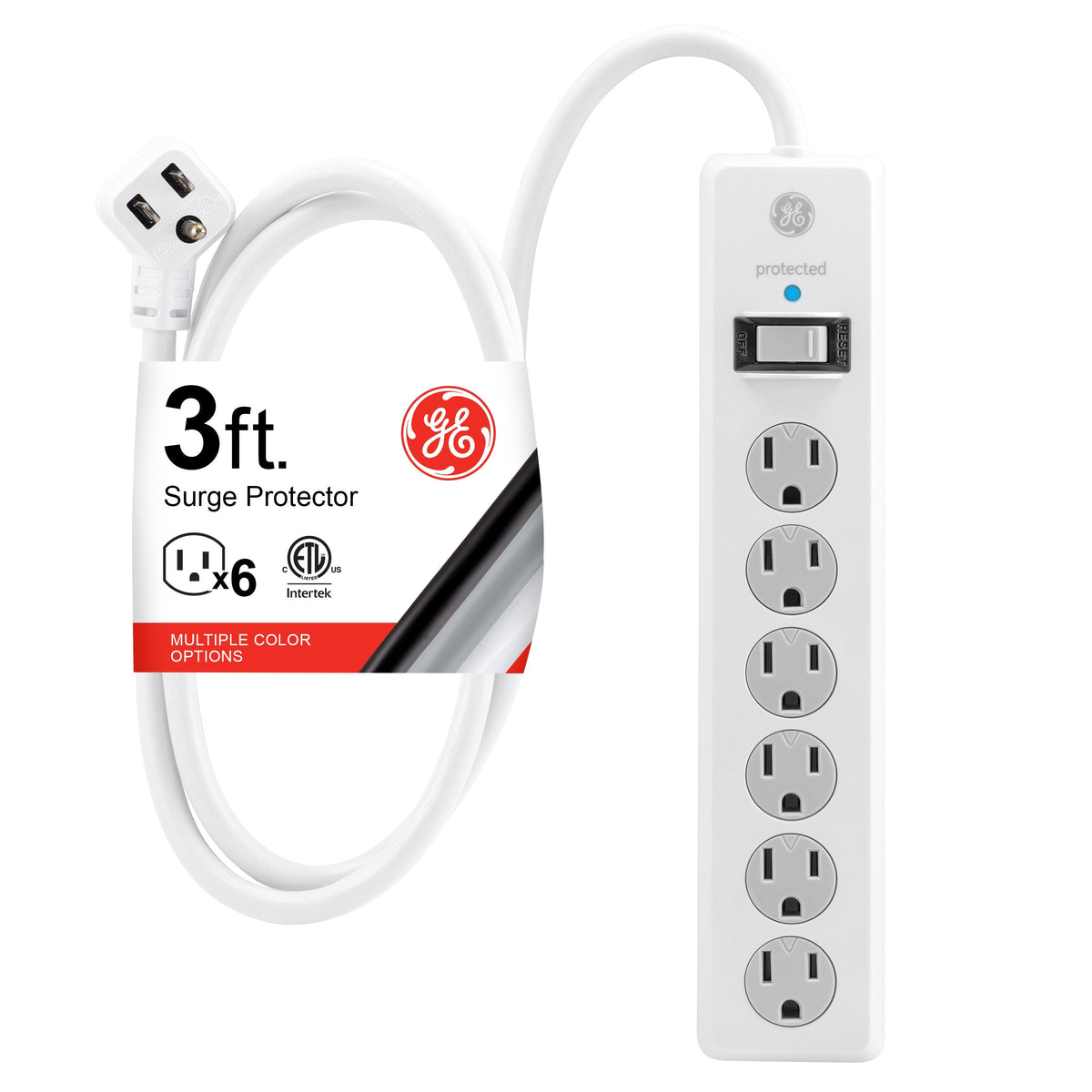 GE 6-Outlet 3ft. Surge Protector with Twist-to-Close Safety Covers, White