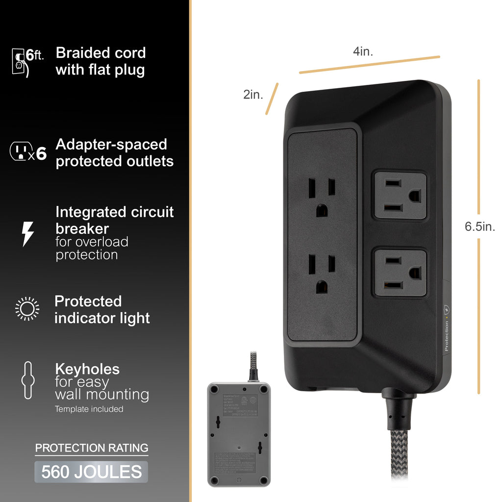 GE 6-Outlet Surge Protector With Adapter-Spaced Outlets, 6ft. Braided Cord, Black