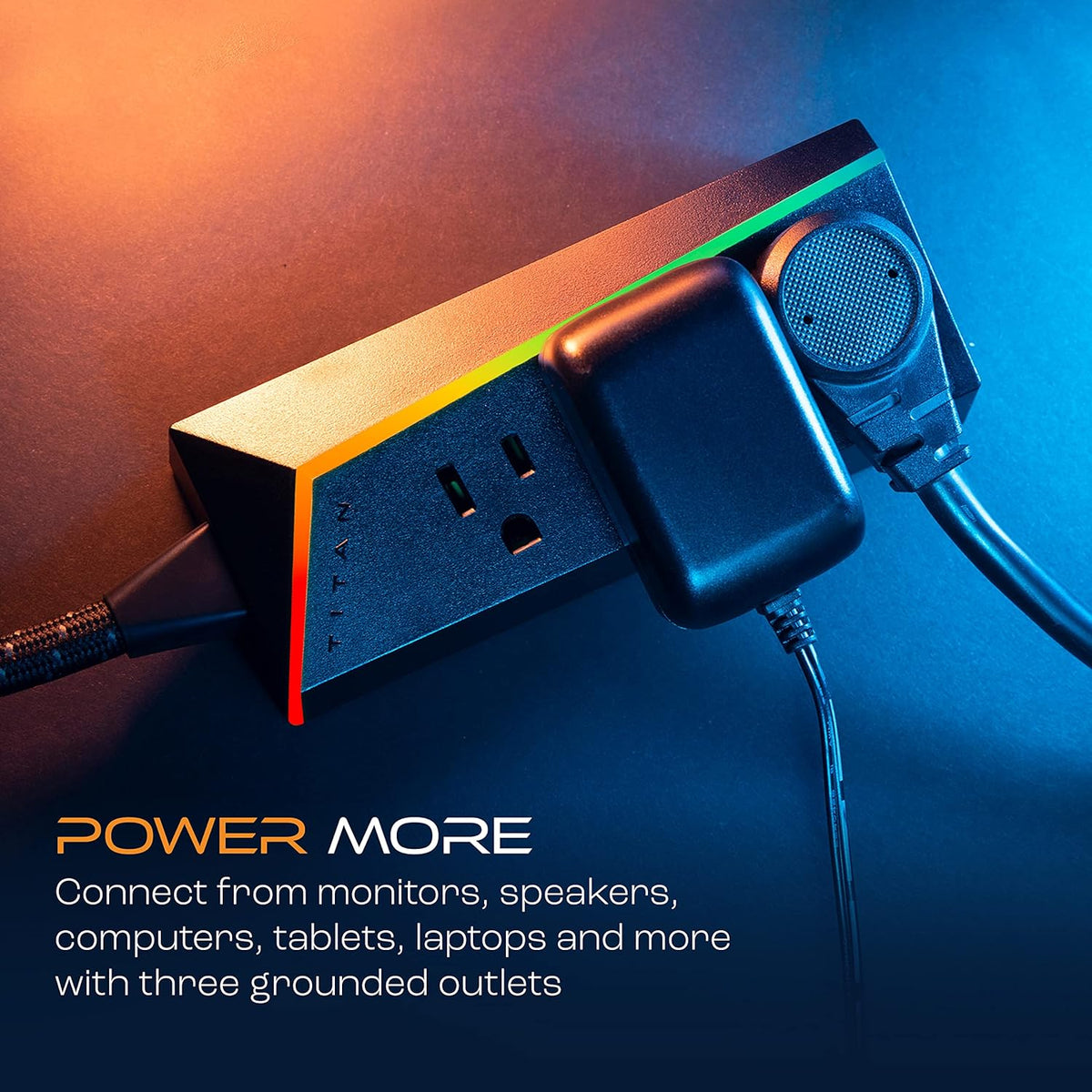 Titan 3-Outlet Extension Cord, Multicolor LED, 8ft. Braided Cord, Black