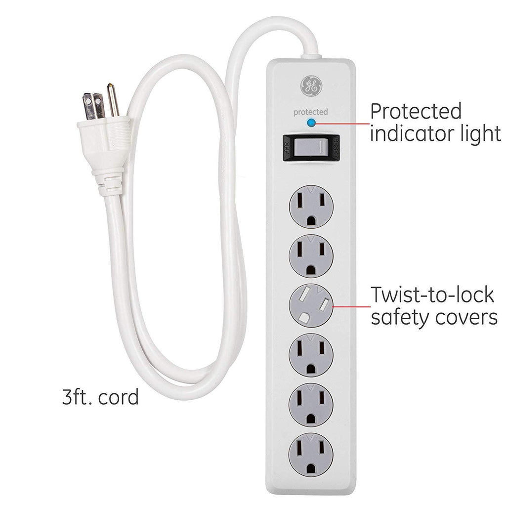 GE 6-Outlet 3ft. Surge Protector with Twist-to-Close Safety Covers, White