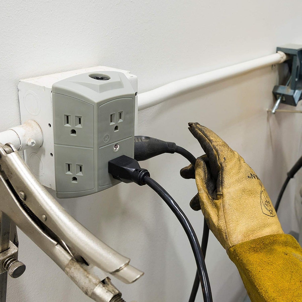 GE 6-Outlet Wall Tap with Resettable Circuit Breaker, 2 Pack, Gray