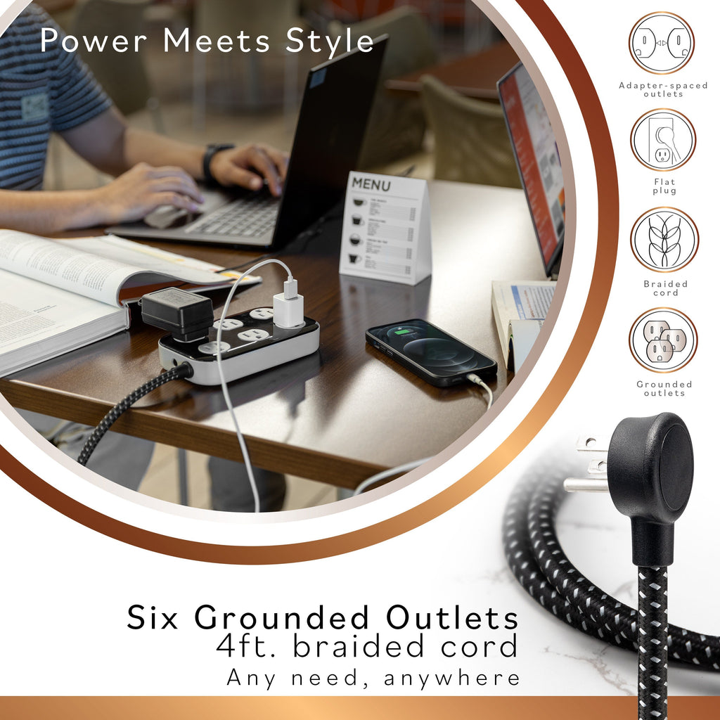 Cordinate ADAPT 6-Outlet 4ft. Braided Extension Cord with Surge Protection, Black/Gray