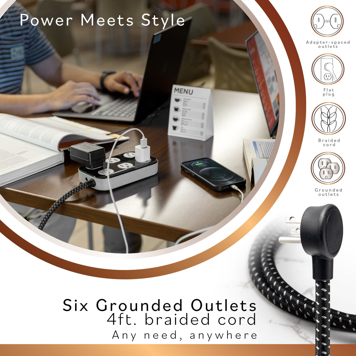 Cordinate ADAPT 6-Outlet 4ft. Braided Extension Cord with Surge Protection, Black/Gray