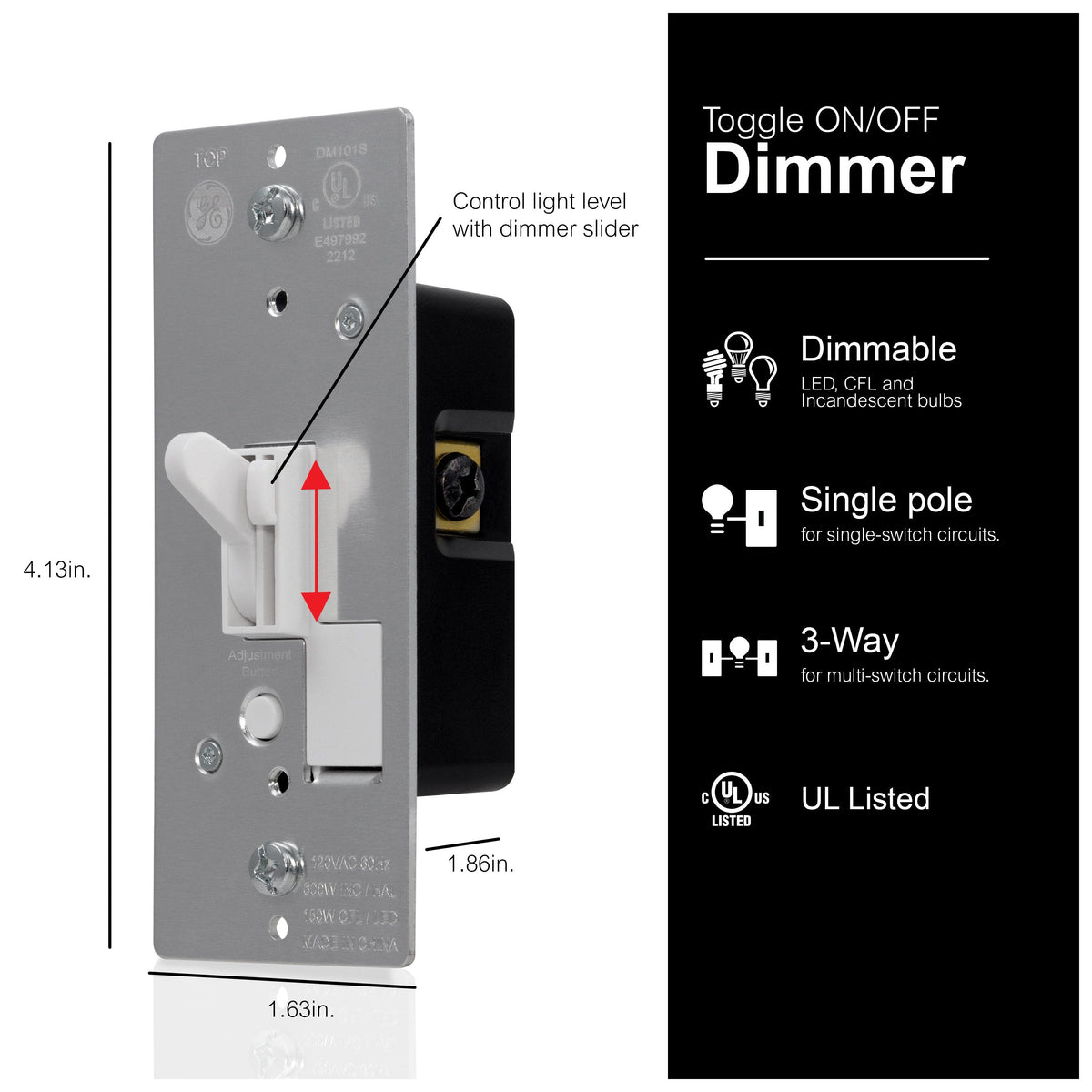 GE UltraPro On/Off Single Pole Toggle Dimmer, White