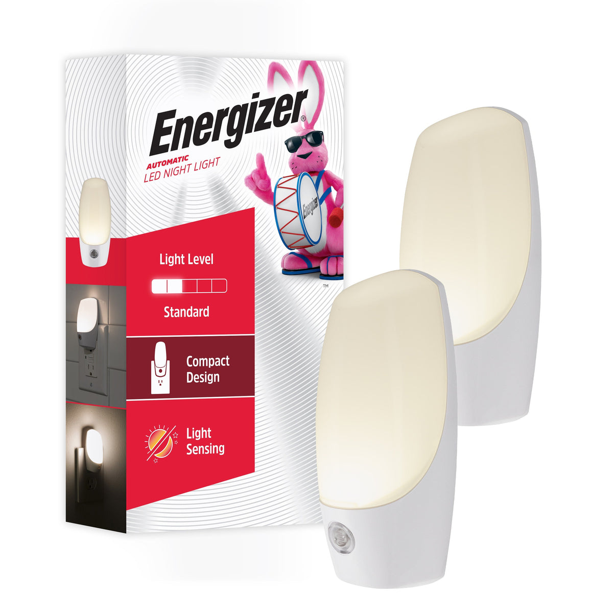 Energizer Plug-In Light Sensing LED Night Light, 2 Pack, White