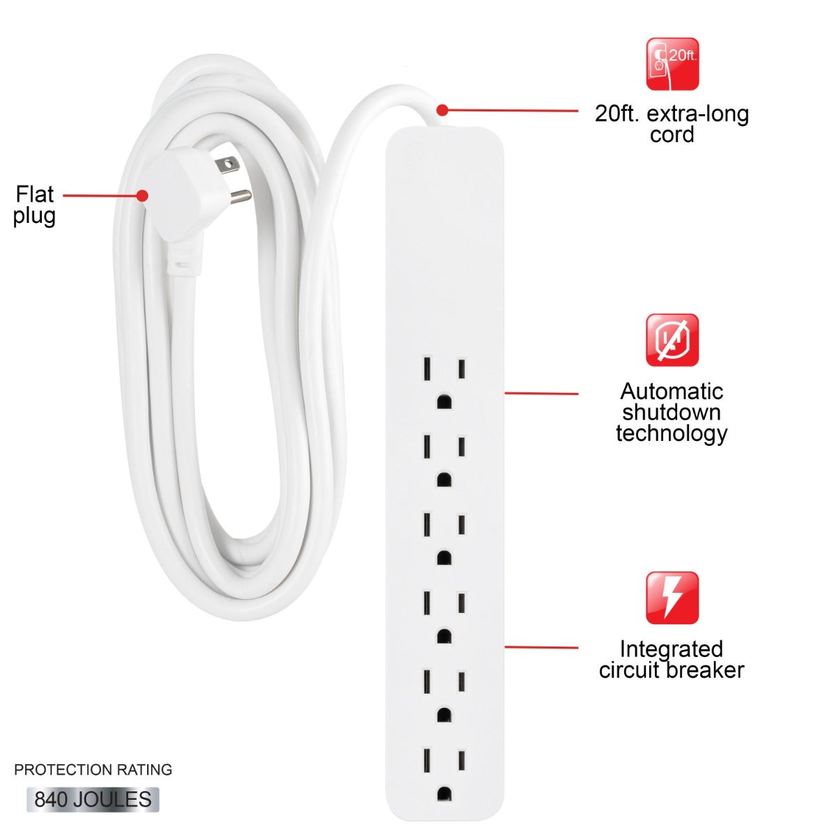 GE 6-Outlet 20ft. Surge Protector, White