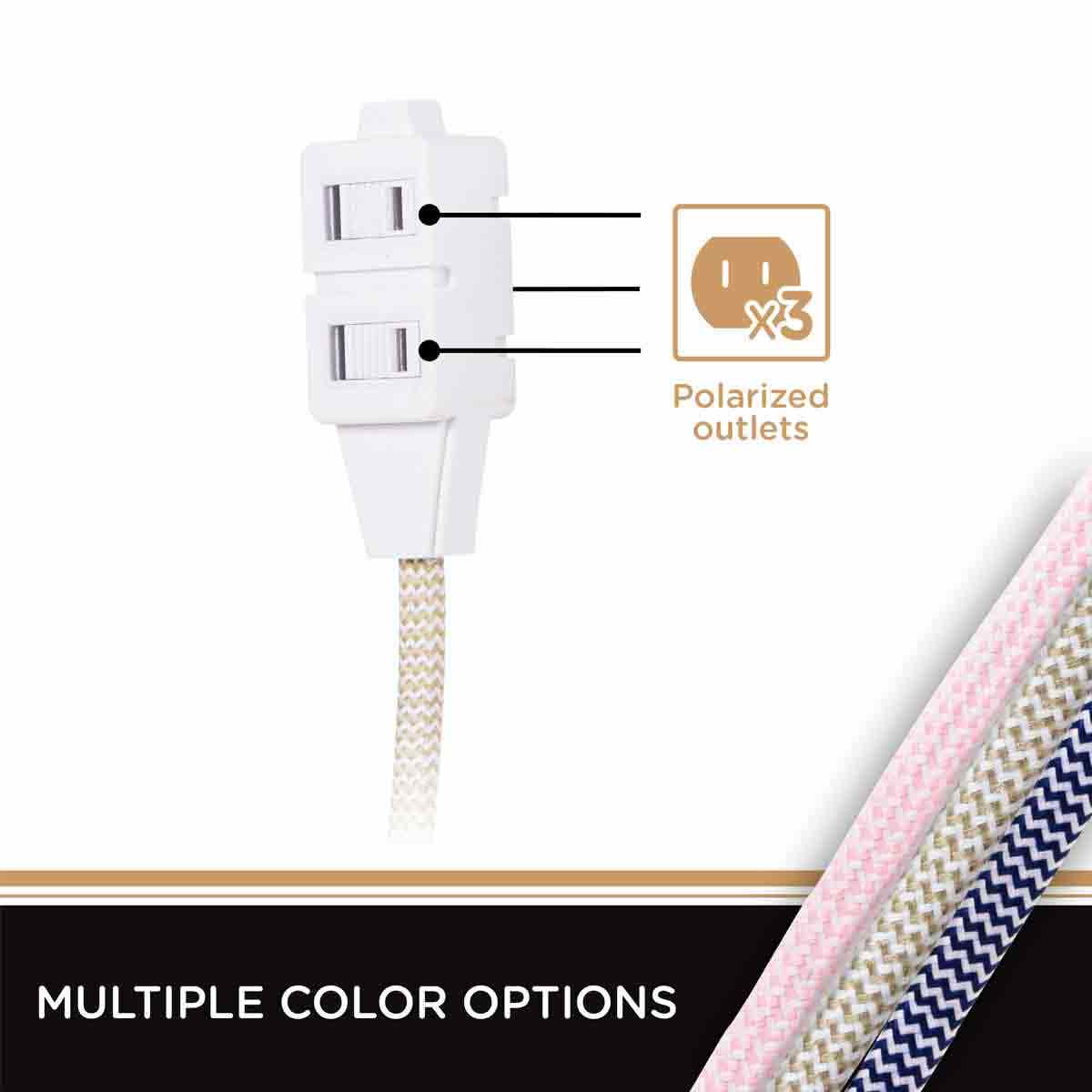 Cordinate 3-Outlet 8ft. Braided Extension Cord with Flat Plug, White/Tan